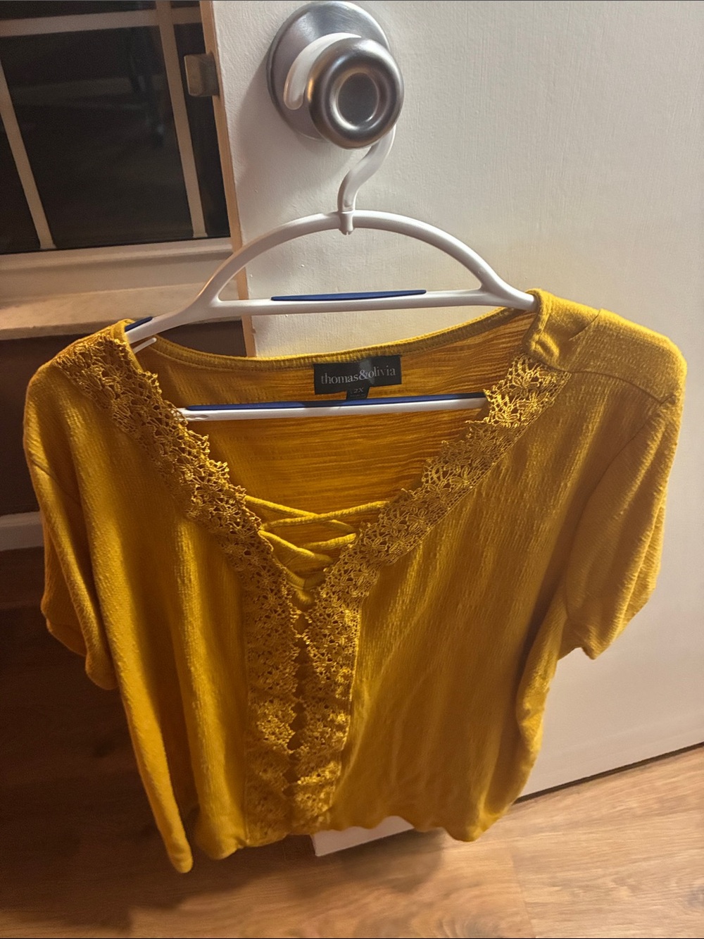 Thomas & Olivia Lace-Trim Short Sleeve V-Neck Top in Mustard